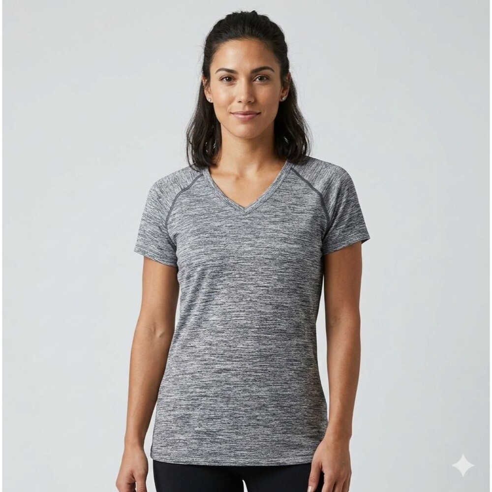 Women’s L Performance Shirt Gray Athletic V‑Neck Stretch Top Moisture Wicking